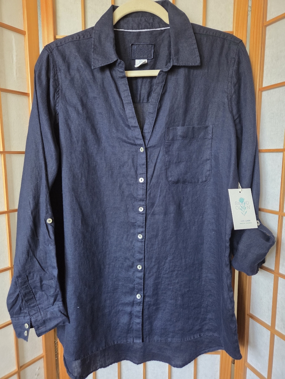 NWT WOMENS SIGRID OLSEN NAVY BLUE 100% LINEN BUTTONS DOWN SHIRT SIZE MEDIUM